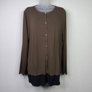 J.Jill Wearever Shirt Womens XL Brown Black Button Long Sleeve Lagenlook Minimal
